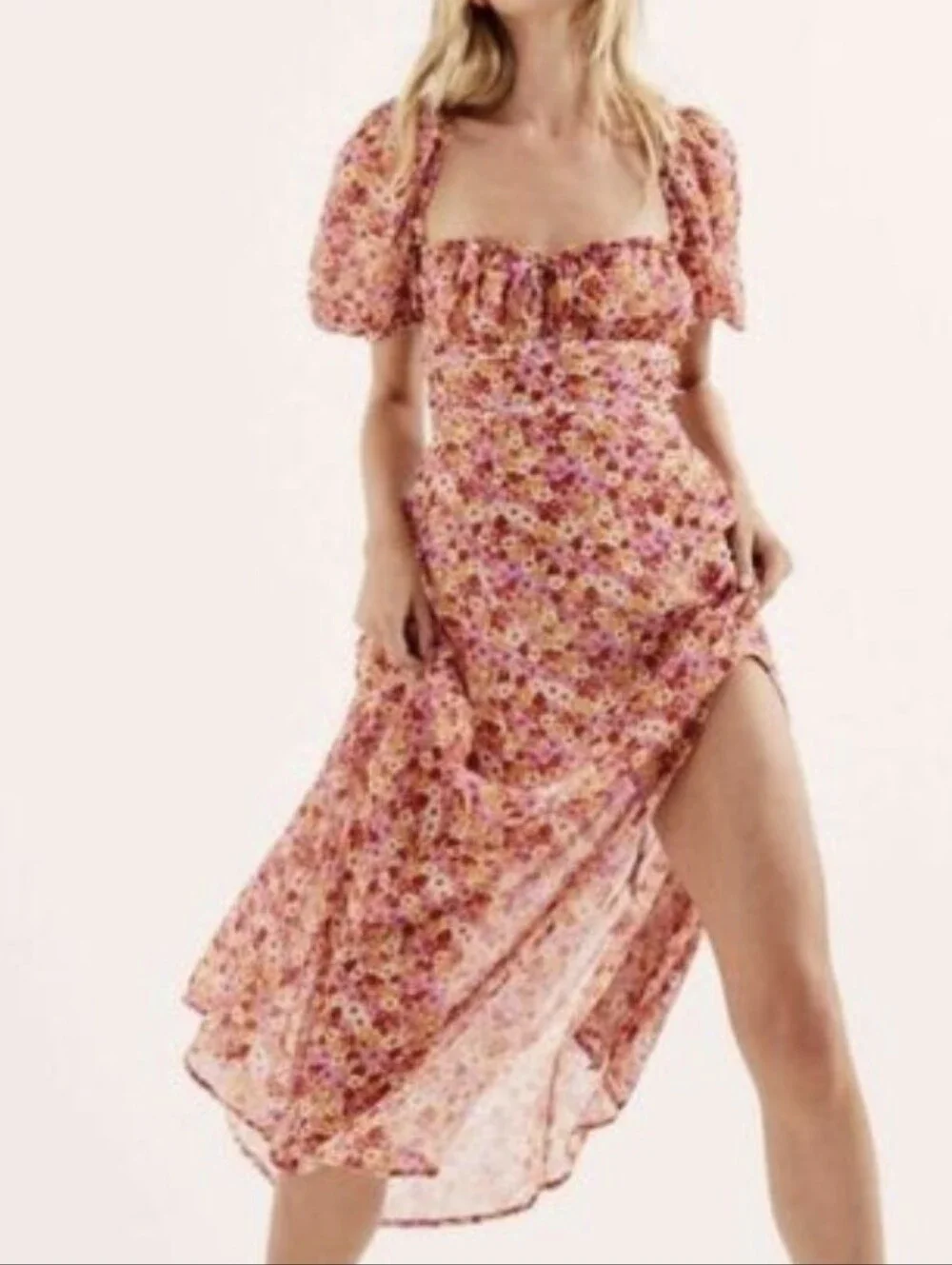 For Love & Lemons Felicia Pink Floral Puff Sleeve Midi Dress Slit Size Small S